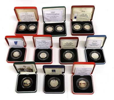 Lot 364 - 13x UK Silver Proof Fifty Pence Coins,...