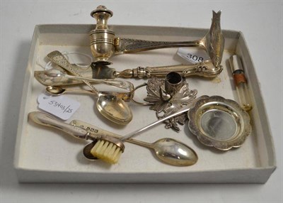 Lot 308 - A pair of silver sardine tongs, silver flatware, silver chamber stick, pepperette, etc