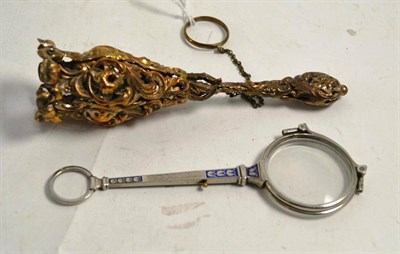Lot 309 - A gilt metal posy holder and a lorgnette with blue enamel decoration