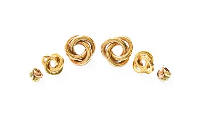 Lot 421 - Three Pairs of 9 Carat Gold Knot Earrings,...