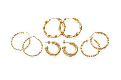 Lot 457 - Three Pairs of 9 Carat Gold Hoop Earrings,...