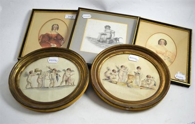 Lot 312 - Two framed portrait miniatures of young ladies, two oval framed hand coloured prints of cherubs and