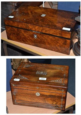 Lot 323 - Walnut writing slope and rosewood hinged box with mother of pearl inlay (2)