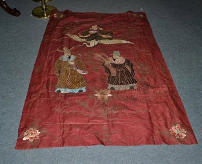 Lot 339 - Chinese embroidered red silk wall hanging