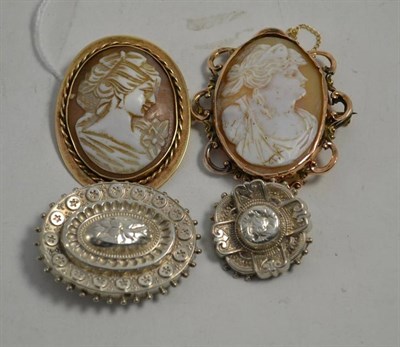 Lot 341 - Two cameo brooches, one silver brooch and another (4) (all a.f.)