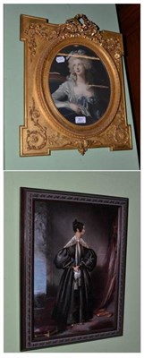 Lot 351 - Framed oil on board, portrait of a 19th century lady in mourning dress and a gilt framed oval...