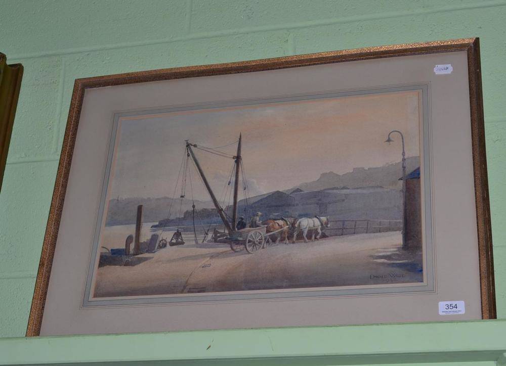 Lot 354 - Donald Wood, watercolour, figures with horse and cart by the Esk at Whitby