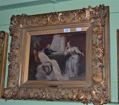 Lot 366 - Gilt framed oil on board, Victorian figures seated round a table, signed C.O.Plank (board split)