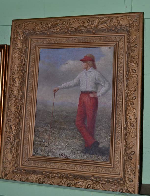 Lot 369 - Gilt framed oil on canvas, golfer, indistinctly signed