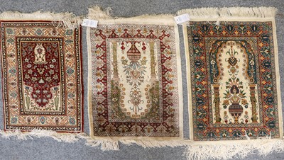 Lot 1221 - Kayseri Silk Prayer Rug, the blood red field...