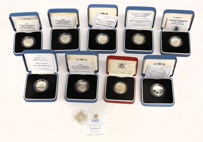 Lot 412 - 10x Royal Mint, Silver Proof One Pound Coins,...