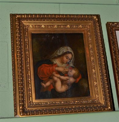 Lot 389 - Continental scene, 18th century school, Madonna suckling infant Christ, oil on panel, 29.5cm x 23cm