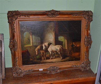 Lot 392 - P* Vergohuur, early 20th century, horses in a stable, oil canvas, 47cm x 68cm