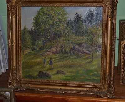 Lot 399 - A framed oil on canvas, children in a woodland scene, signed Ernest Forbes and oak framed oil...
