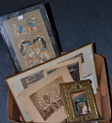 Lot 404 - Framed Chinese embroidery, assorted prints, portrait painted on glass, brass framed picture etc