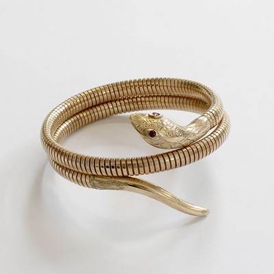 Lot 171 - A 9 Carat Gold Snake Bangle, with a foliate...