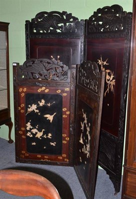 Lot 437 - Two Japanese bone inlaid lacquer and ebonised wood two leaf screens