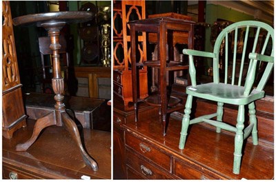 Lot 455 - A child's green painted stick back armchair, a mahogany inlaid occasional table and a cake...