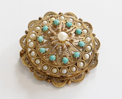 Lot 185 - A Turquoise and Cultured Pearl Brooch/Pendant,...