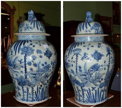 Lot 492 - Pair of large blue and white baluster vases and covers