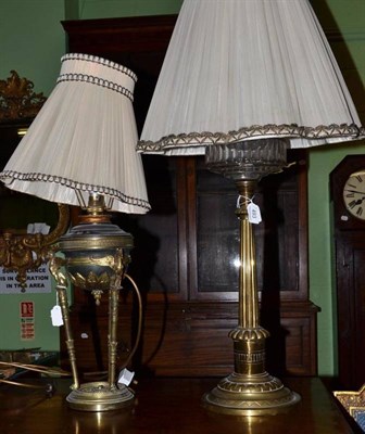 Lot 493 - Brass column oil lamp and a table lamp (2)
