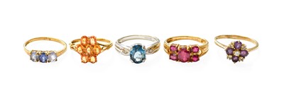 Lot 453 - Five 9 Carat Gold GemSet Rings, comprising an...