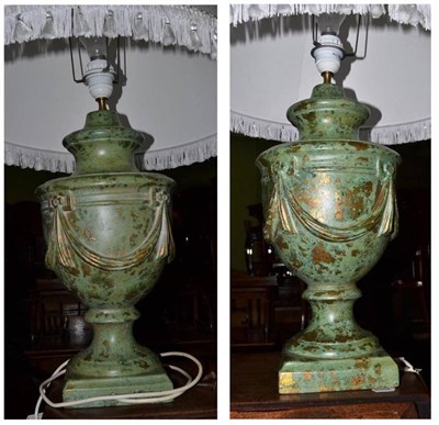 Lot 535 - A pair of modern pedestal table lamps decorated in verdigris style