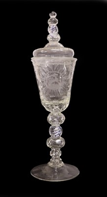 Lot 501 - A Bohemian Colour Twist Glass Goblet and Cover,...