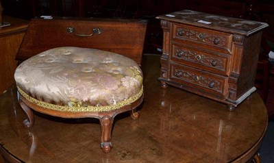 Lot 554 - A Victorian mahogany chemist box with hinged lid, a small walnut oval footstool and an oak...