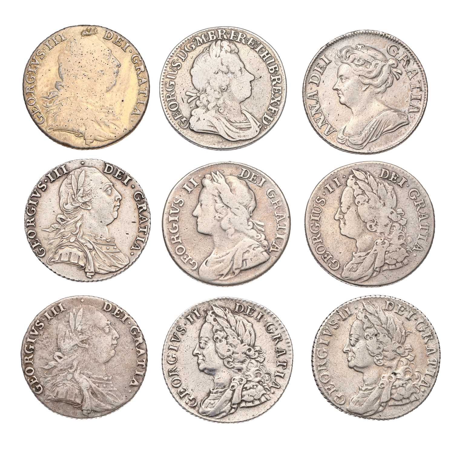 Lot 70 - Assorted 18th Century Shillings; 9 in total,...