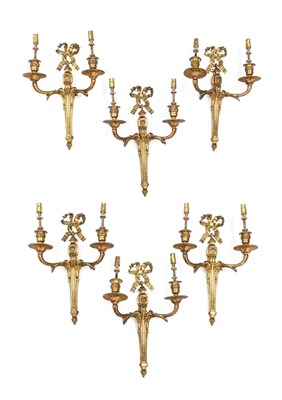 Lot 208 - A Set of Six Gilt Metal Twin-Light Wall...