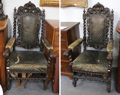 Lot 1372 - A Pair of Victorian Carved Oak Open Armchairs,...