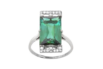 Lot 2234 - A Green Tourmaline and Diamond Ring the oblong...