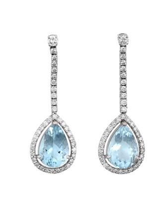 Lot 2319 - A Pair of Aquamarine and Diamond Drop Earrings...