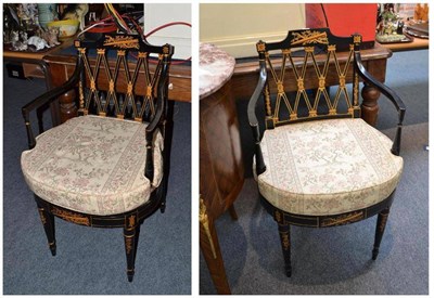 Lot 598 - Pair of black painted Regency style open armchairs