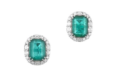 Lot 2298 - A Pair of Emerald and Diamond Cluster Earrings...