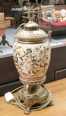 Lot 1410 - A Zsolnay Pecs-Style Oil Lamp, with gilt metal...