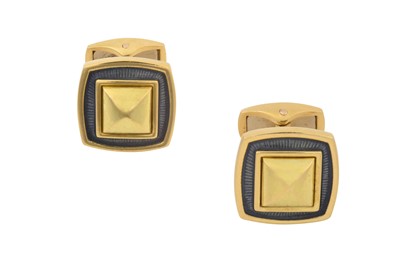 Lot 2349 - A Pair of 18 Carat Gold Enamel Cufflinks, by...