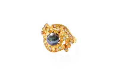 Lot 368 - A Grey Cultured Pearl and Diamond Ring, the...