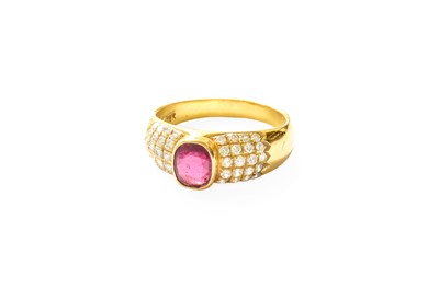 Lot 351 - A Ruby and Diamond Ring, the cushion cut ruby...