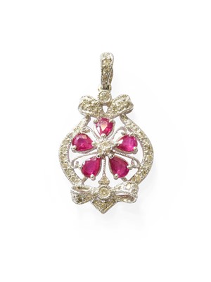 Lot 381 - A Ruby and Diamond Pendant, of foliate and bow...