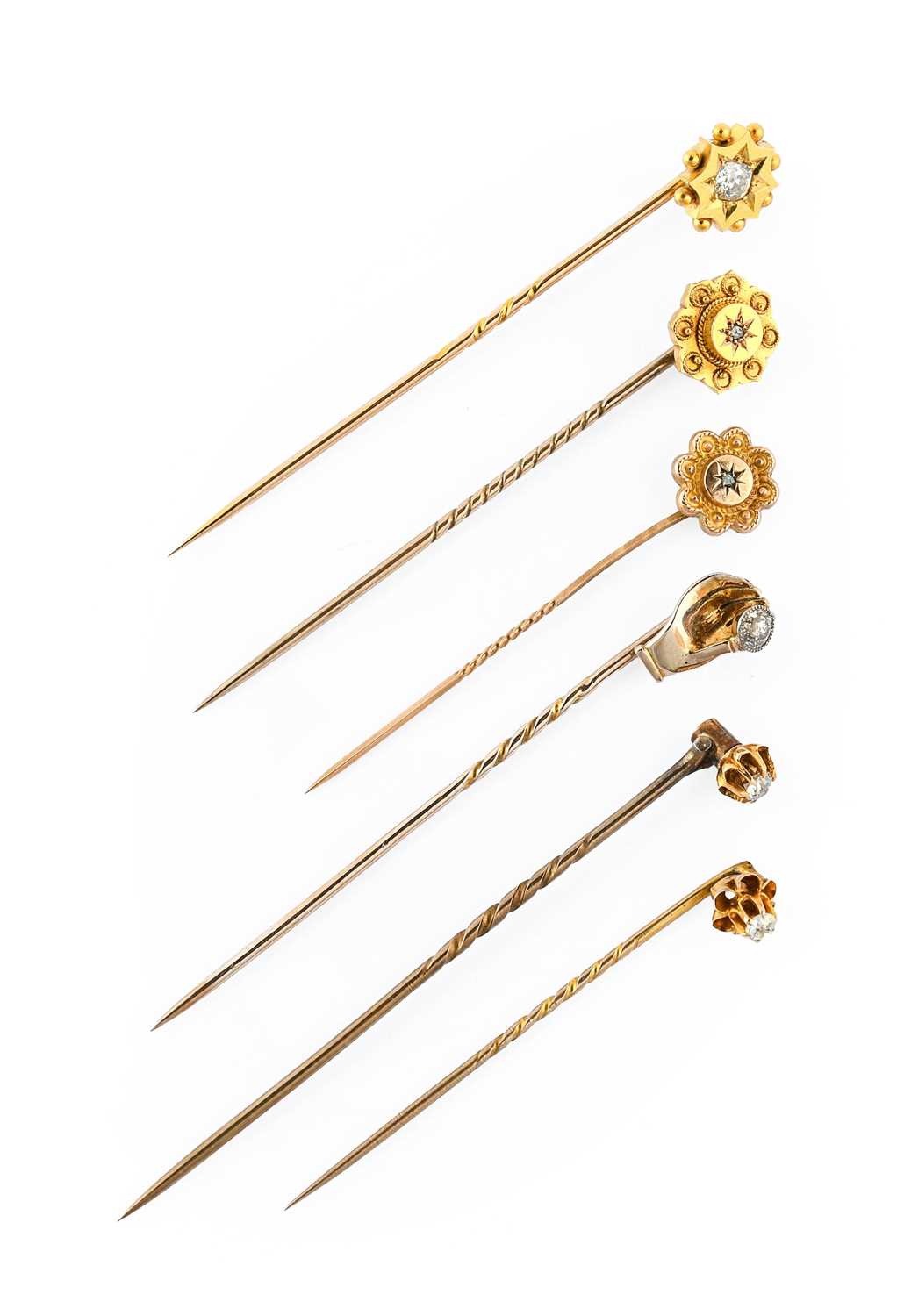 Lot 2 - Six Diamond Stick Pins, of varying designs...