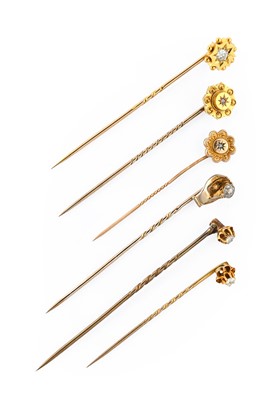 Lot 2 - Six Diamond Stick Pins, of varying designs...