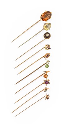 Lot 6 - Ten Gem-Set Stick Pins, of varying designs,...