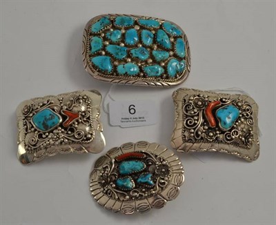 Lot 6 - Four buckles set with turquoise and some coral, stamped '925'