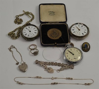 Lot 7 - Two silver pocket watches, Welsh guards boxing medal 1929 LT, Heavyweight Runner up, three...