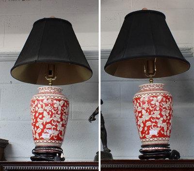 Lot 1180 - A Pair of Modern Chinese Porcelain Tablelamps,...