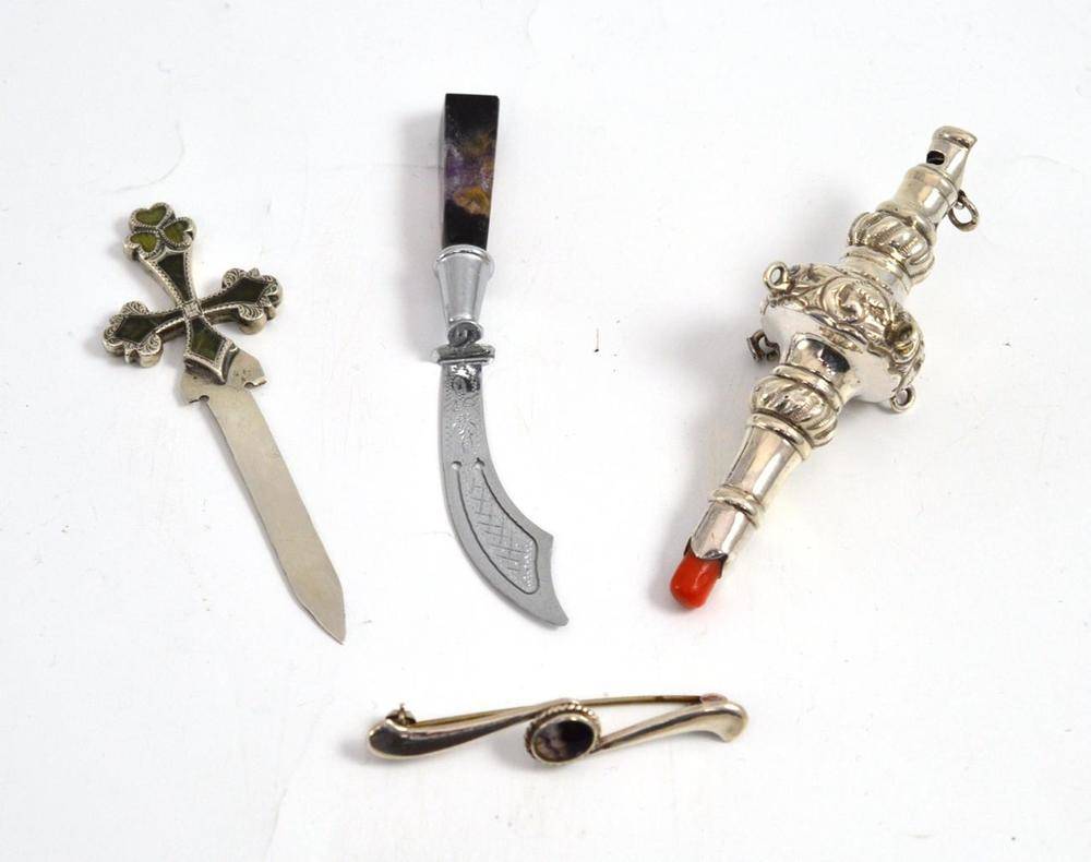 Lot 20 - A Georgian silver baby's rattle with coral teether (damaged) and whistle, a bookmark in the form of