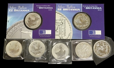 Lot 143 - 7 x UK Fine Silver Britannias, to include;...