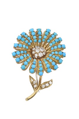 Lot 2369 - An 18 Carat Gold Diamond and Turquoise Brooch,...